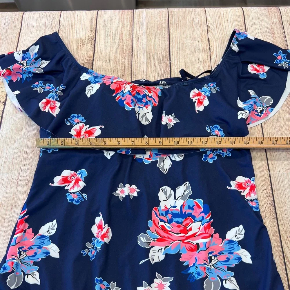 Ekouaer‎ Womens Floral Ruffle Off The Shoulder One Piece Swimsuit Navy Blue XL
